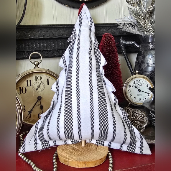 Set of 2 Handmade Plush Black & White Flannel Ticking Christmas Trees - Picture 3 of 7